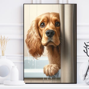 May include: A golden brown cocker spaniel dog peeks out from behind a shower curtain. The dog has wet fur and is looking at the camera with a curious expression.