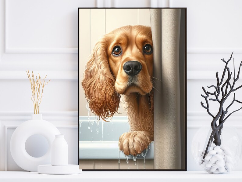 May include: A golden brown cocker spaniel dog peeks out from behind a shower curtain. The dog has wet fur and is looking at the camera with a curious expression.