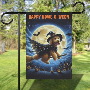 Fall Halloween Goldendoodle Yard Flag, Autumn Goldendoodle Witch Garden Flag, Doodle Dog Flag, Happy Halloween House Flag, Outdoor Dog Decor