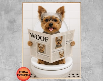 Yorkshire terrier toalettväggkonst, rolig Yorkie badrumstryck, Yorkshire terrier läser tidning, Yorkshire terrier hund mamma present, hund pappa, nedladdning