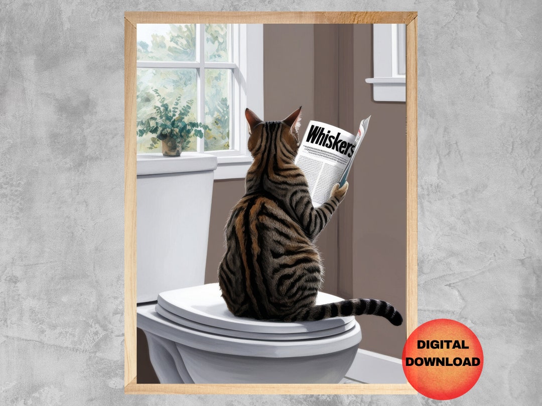 Tabby Cat on Toilet Wall Art, Funny Cat Bathroom Printable, Tabby Cat ...