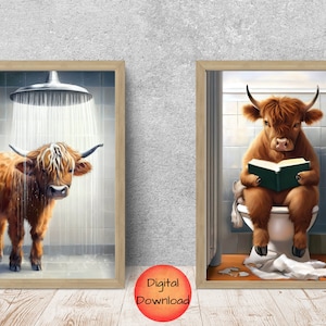 Highland Cow Bathroom Decor Toilet Art, Highland Cow On Toilet, Funny Bathroom Prints,  Cow Lover Gift, Quirky Wall Decor, DIGITAL DOWNLOAD