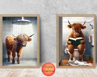 Highland Cow Bathroom Decor Toilet Art, Highland Cow On Toilet, Funny Bathroom Prints,  Cow Lover Gift, Quirky Wall Decor, DIGITAL DOWNLOAD