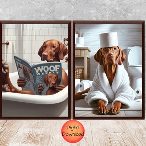 Vizsla Funny Bathroom Wall Art Set of 2, Vizsla Toilet Decor, Toilet Paper Pet Print, Whimsy Mom Dog Lover Gift, Dog Portrait, DOWNLOADABLE