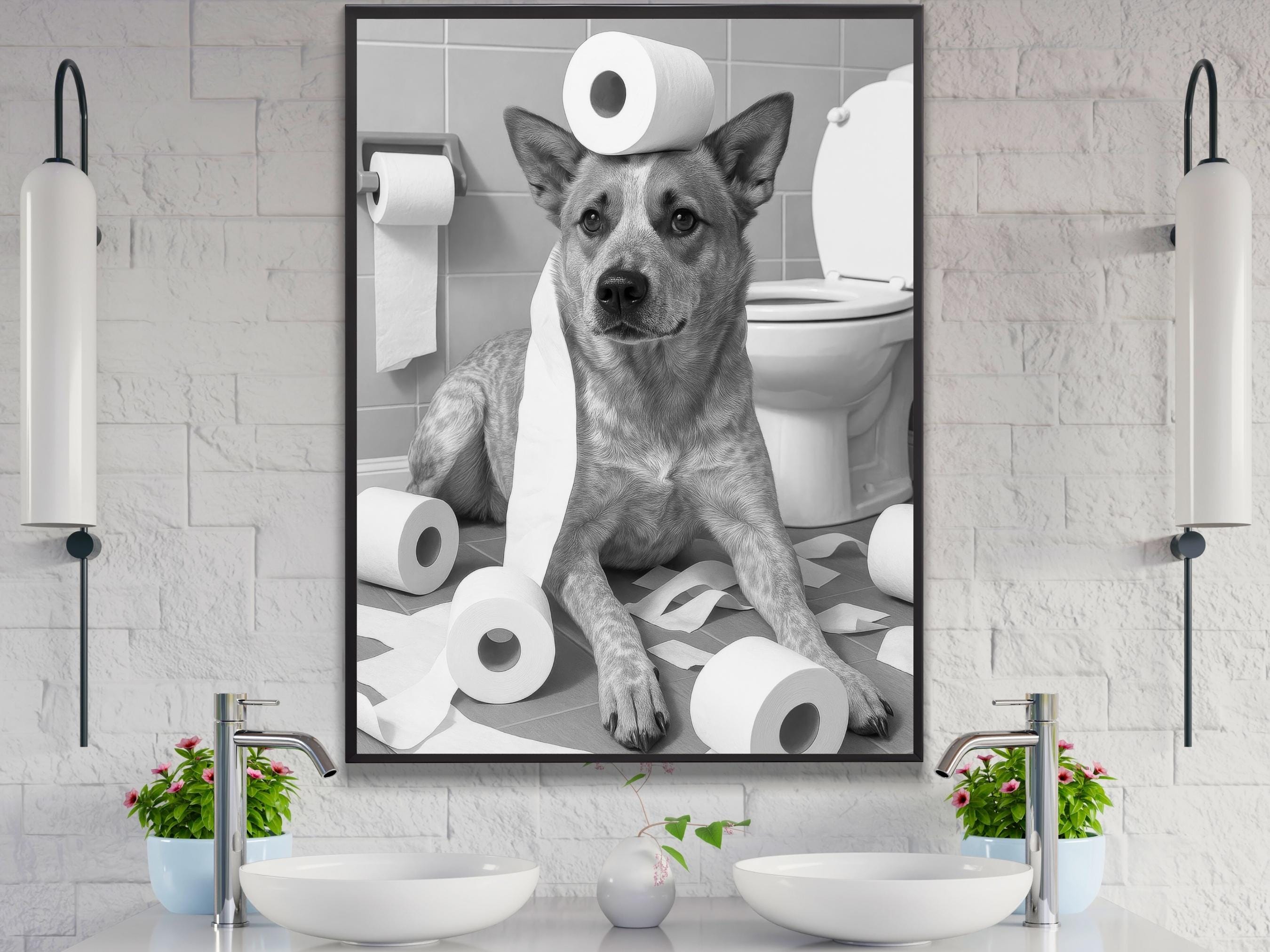 Red Heeler Bathroom Wall Art, Funny Black and White Dog Toilet