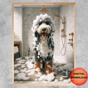 Badrumstryck med Bernedoodle, rolig väggkonst med Bernedoodle-motiv, nyckfull present till Bernedoodle-älskare, affisch med husdjurshumor i badkar, nedladdningsbar