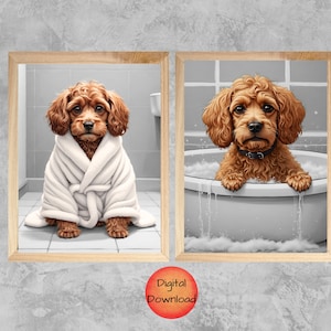 Puede incluir: Dos ilustraciones digitales de un perro caniche marrón. En una imagen, el perro lleva una bata de baño blanca. En la otra imagen, el perro está en una bañera con burbujas.