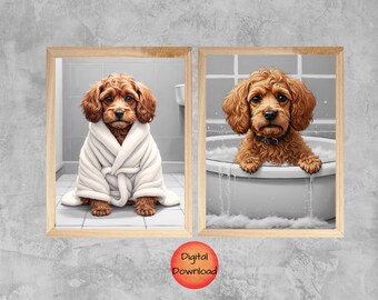 May include: Two digital illustrations of a brown poodle dog. In one image, the dog is wearing a white bathrobe. In the other image, the dog is in a bathtub with bubbles.