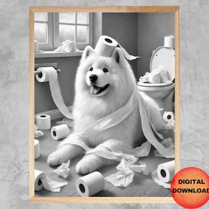 Samoyed Toilet Wall Art, Funny Samoyed Bathroom Black and White Print, Gift for Samoyed Owners, Guest Bathroom Dog Humor Poster, DOWNLOAD