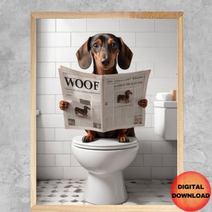 TAX Toalett Läser Tidning Badrum Väggkonst, Wienerhund Husdjur Tryck, Nyckfullt Doxie Älskare Tryck, Hundmamma Gåva, NEDLADDNINGSBAR