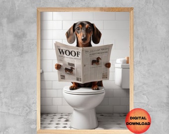 Pode incluir: Um cão salsicha marrom e preto está sentado em um vaso sanitário branco com um jornal intitulado "WOOF" em suas patas. O cão está olhando para a câmera.