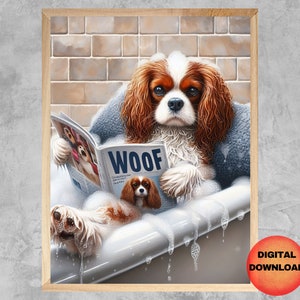 Cavalier King Charles Spaniel in Bathtub Wall Art, Cavalier Dog Bathroom Printable, Kids Pet Animal Printable, Dog Mom Dad Gift, DOWNLOAD