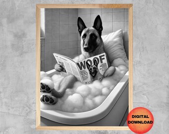 Belgian Malinois Bathroom Wall Art, Funny Malinois Bath Tub Print, Kids Bathroom Dog Humor Decor, Dog Taking Bath, Dog Lover Gift, DOWNLOAD