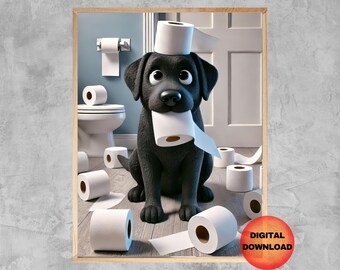 May include: A black Labrador Retriever puppy is sitting in a bathroom with a roll of toilet paper in its mouth. There are several other rolls of toilet paper scattered on the floor. The puppy is looking at the camera.