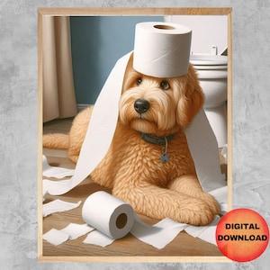 Stampa da bagno Goldendoodle, divertente carta igienica da parete con cane, poster per amanti dei Goldendoodle, umorismo per il bagno con animali domestici, regalo per mamma di cane, SCARICA