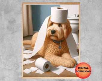 May include: A golden doodle dog wearing a toilet paper roll as a hat. The dog is sitting on a wooden floor with toilet paper scattered around it.