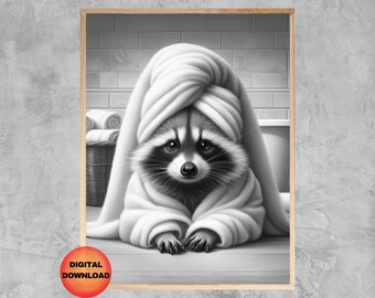 May include: A black and white illustration of a raccoon wearing a white towel on its head. The raccoon is sitting on a white surface with a basket of towels behind it.