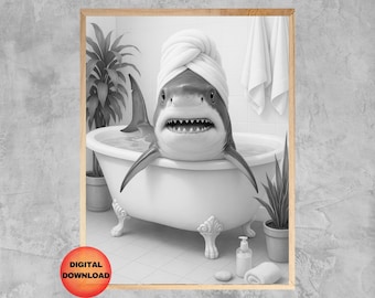 Black and White Shark Bathtub Wall Art, Funny Shark In Turban Bathroom Print, Kids Ocean Theme Decor, Great White Shark Lover Gift, DOWNLOAD