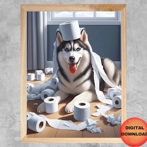 Impresión de baño de husky siberiano, imagen de perro en el baño, póster de papel higiénico de husky, decoración divertida para el baño, arte animal, regalo para amantes de los perros, DESCARGAR