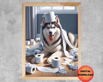 Siberian Husky Toilet Print, Dog On Toilet Picture, Husky Toilet Paper Poster, Funny Bathroom Decor, Animal Art, Dog Lover Gift, DOWNLOAD