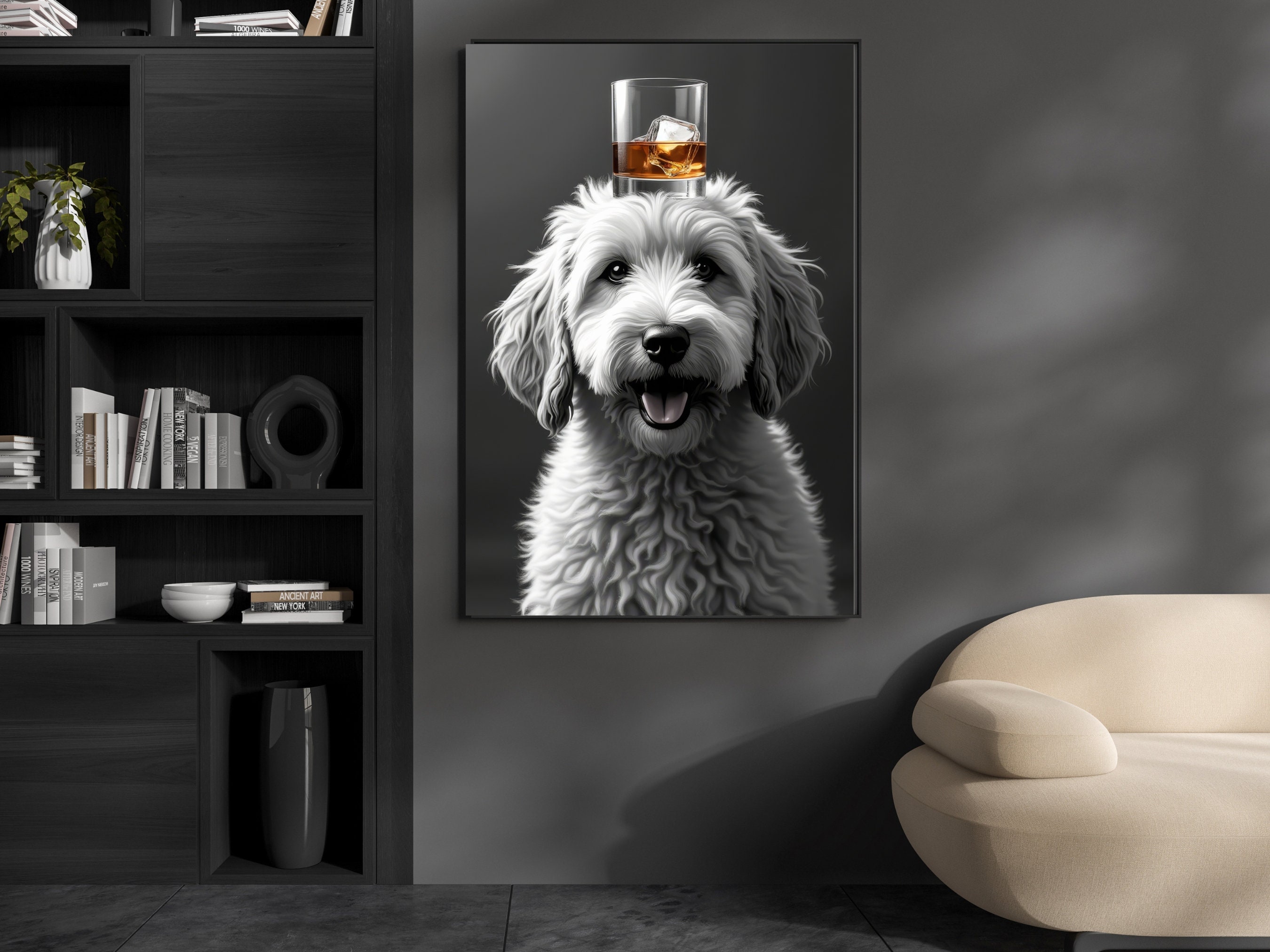 Goldendoodle Whiskey Glass Poster, Labradoodle Home Bar Cart Print
