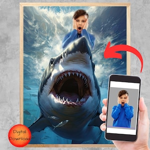 Personalized Boy Riding Shark Portrait, Custom Portrait From Photo, Shark Themed Poster Kids Bedroom, Gift For Shark Lover, Shark Birthday