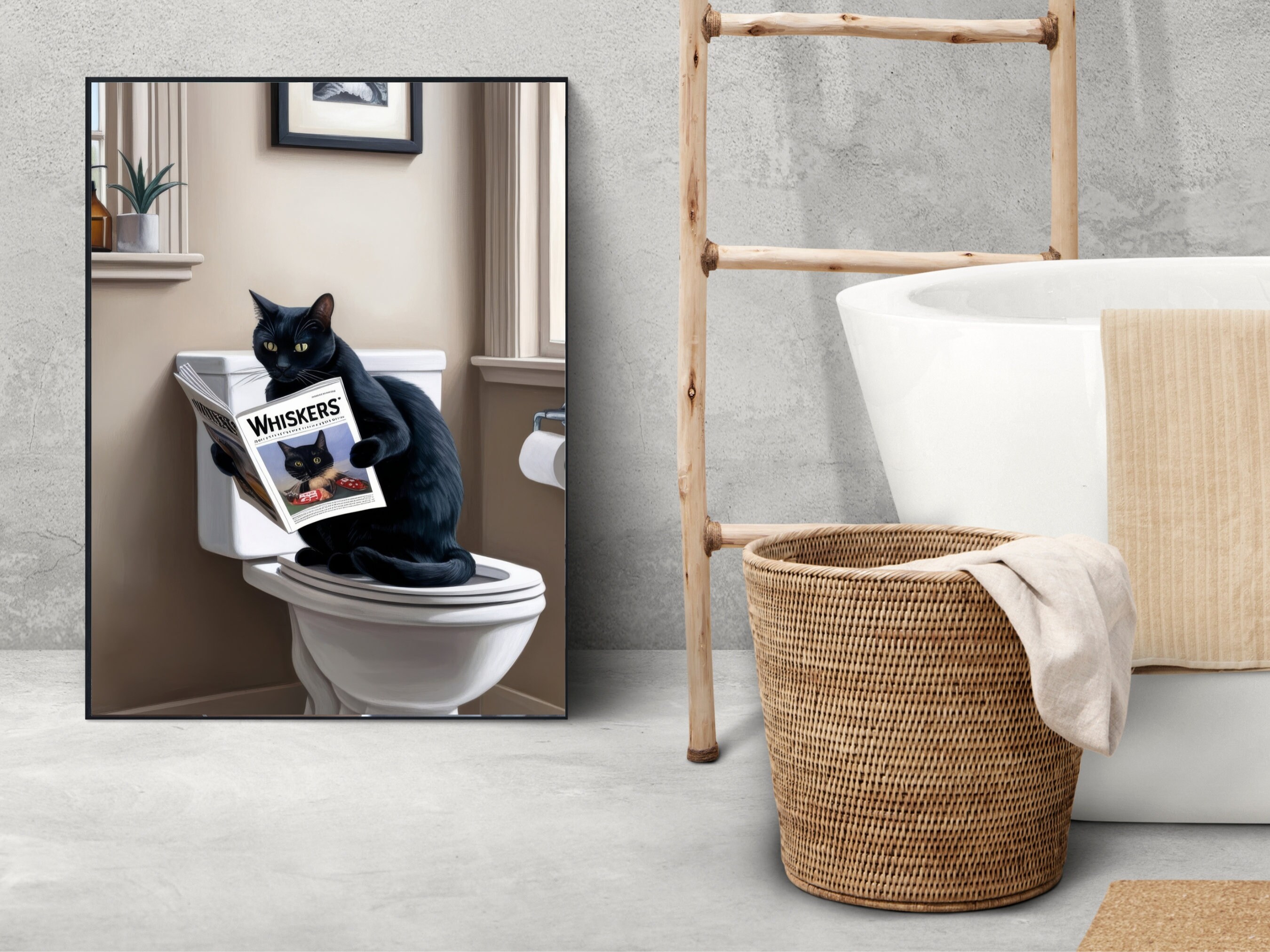 Black Cat Sitting on Toilet Reading, Funny Cat Bathroom Wall Art ...
