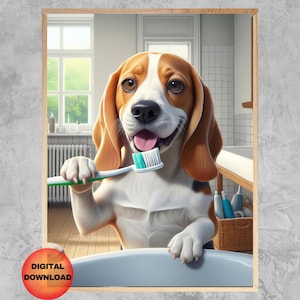 Beagle Brushing Teeth Wall Art, Funny Kids Bathroom Dog Poster, Dog Humor Picture, Whimsical Beagle Dog Decor, Beagle Nursery Art, DOWNLOAD