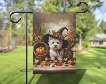 Westie Fall Halloween Yard Flag, Autumn West Highland Terrier Witch Garden Flag, Vintage Cottage Core Pumpkin Flag, Fall Harvest Dog Gift