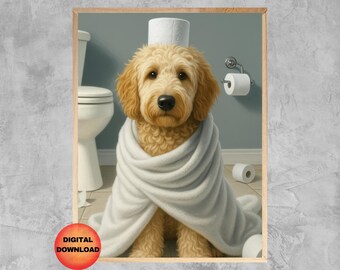 May include: A golden doodle dog wearing a white towel and a white toilet paper roll hat. The dog is sitting in a bathroom with a toilet and toilet paper rolls.