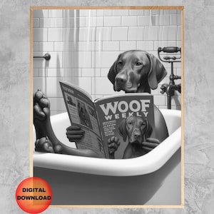 Vizsla Funny Dog Bathtub Wall Art, Black and White Vizsla Bathroom Poster, Vizsla Kids Animal Print, Dog Lover Gift, Pet Portrait, DOWNLOAD