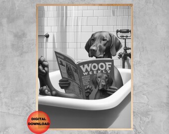 Vizsla Funny Dog Bathtub Wall Art, Black and White Vizsla Bathroom Poster, Vizsla Kids Animal Print, Dog Lover Gift, Pet Portrait, DOWNLOAD