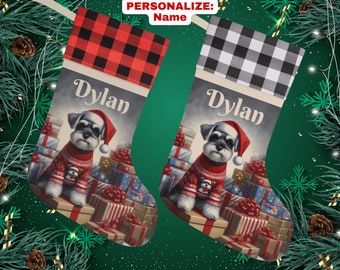 May include: Two personalized Christmas stockings with a red and black buffalo plaid cuff and a black and white buffalo plaid cuff. Each stocking features a miniature schnauzer wearing a red sweater and Santa hat surrounded by presents. The stockings are personalized with the name "Dylan".