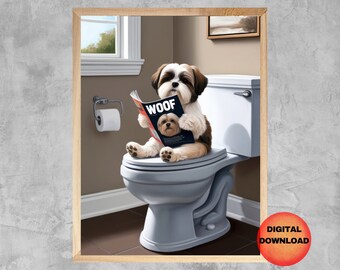 May include: A white and brown Shih Tzu dog sits on a toilet seat, reading a magazine titled "WOOF". The dog is wearing a collar and has a playful expression on its face.