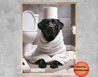 Black Labrador Bathroom Art, Funny Black Lab Toilet Wall Art, Whimsical Labrador Gift, Kids Bathroom Dog Humor Decor, Dog in Loo, DOWNLOAD