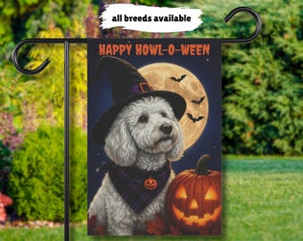 Fall Halloween White Goldendoodle Garden Flag, Blonde Labradoodle Lovers Yard Flag, Doodle Dog Witch Costume, Happy Halloween Dog Banner