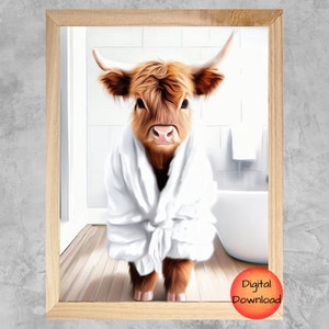 Highland Cow Bathroom Wall Art, Baby Cow In Bathrobe, Funny Bathroom Printable, Quirky Animal Decor, Whimsy Farm Animal, DIGITAL DOWNLOAD