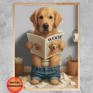 Golden Retriever Dog On Toilet Wall Art, Funny Bathroom Print, Kids Bathroom Art, Whimsy Animal Poster, Retriever Dog Lover Gift, DOWNLOAD