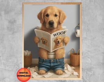 Golden Retriever Dog On Toilet Wall Art, Funny Bathroom Print, Kids Bathroom Art, Whimsy Animal Poster, Retriever Dog Lover Gift, DOWNLOAD