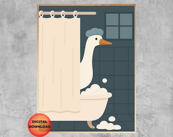 Silly Goose in Tub Printable Wall Art, Trendy Goose Wall Art, Bathroom Nursery Art, Kids Bathroom Humor Decor, Funny Animal Art, DOWNLOAD