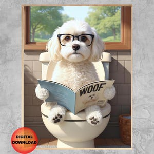 Lustiger Hund auf Toilette Wandbild, Malteser Badezimmer Druck, Humor Kunst für Kinder, launisches Tier Poster, Malteser Hund Mama Hund Papa Geschenk, DOWNLOAD