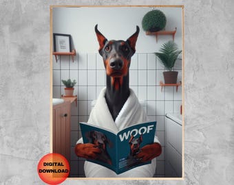 DOBERMAN lisant sur les toilettes, impression de peignoir doberman pinscher, humour de salle de bain à imprimer, affiche animal fantaisiste, cadeau pour amoureux de doberman, téléchargement