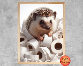 Hedgehog Funny Bathroom Print, Kids Hedgehog Bathroom Wall Art, Whimsy Gift for Hedgehog Lovers, Bathroom Humor Artwork, DOWNLOADABLE Poster