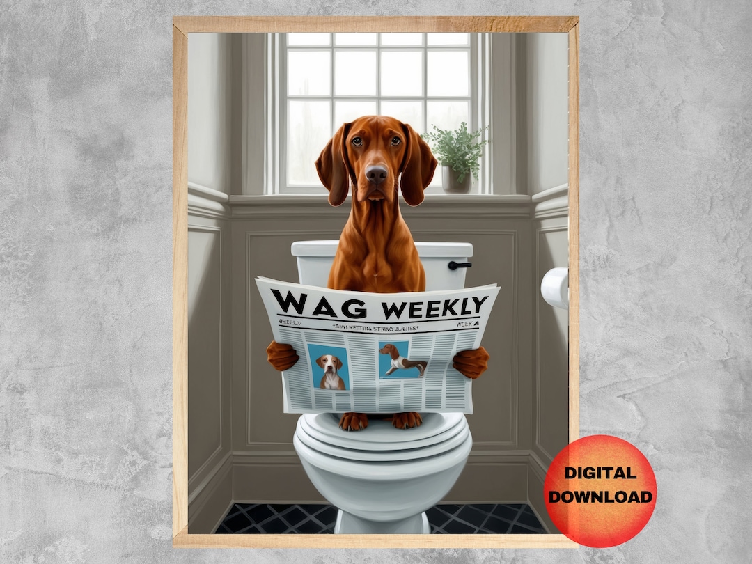 Vizsla Bathroom Wall Art, Vizsla Sitting on Toilet Reading Poster, Kids ...