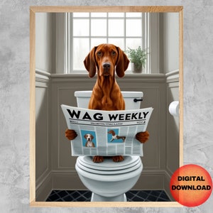 Art mural de salle de bain Vizsla, affiche de lecture Vizsla assise sur les toilettes, impression animalière de salle de bain pour enfants, cadeau pour amoureux des chiens, oeuvre d'art pour salle de bain pour invités, TÉLÉCHARGEMENT