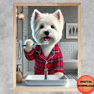 Könnte beinhalten: Ein weißer West Highland White Terrier, der einen roten und schwarzen karierten Schlafanzug trägt, putzt sich vor einem Badezimmerspiegel die Zähne.