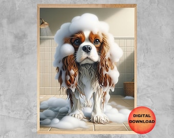 Puede incluir: Un perro Cavalier King Charles Spaniel con pelaje marrón y blanco está cubierto de burbujas blancas mientras toma un baño en una ducha de azulejos.