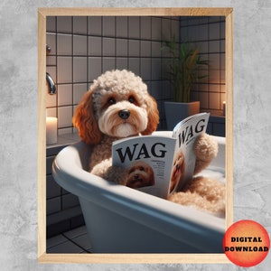 May include: A brown and white dog is relaxing in a white bathtub, reading a magazine called "WAG". The dog is wearing a relaxed expression and has its paws resting on the edge of the tub.