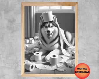 Siberian Husky Black and White Toilet Print, Funny Husky Toilet Paper Wall Art, Husky Bathroom Decor, Animal Art, Dog Owner Gift, DOWNLOAD