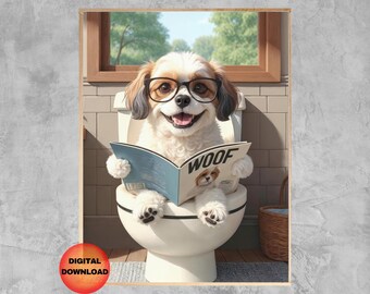 May include: Digital art print featuring a dog wearing glasses and reading a magazine titled "WOOF" whilst sitting on a toilet. The dog is white and brown, with a happy expression. The background includes a window and a wicker basket.